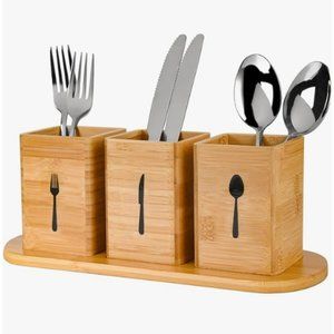 4 pc - Silverware Caddy - Natural Bamboo Flatware Holders w/ Tray